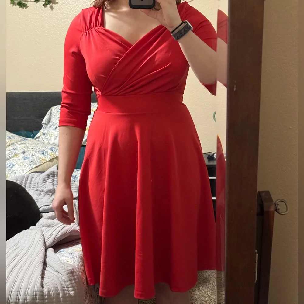Red Fit and Flare Midi Dress with Wrapped Front V-Neck - Picture 1 of 5